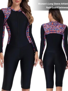 Women's Black Long Sleeve Rash Guard Swimsuit with Red-Blue Geo XXL